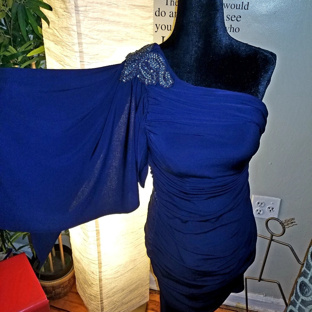 Navy Blue Applique One Shoulder Dress